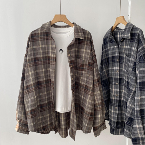 72296秋季新洋氣簡約大氣撞色格紋襯衫女寬鬆慵懶磨毛棉上衣外套