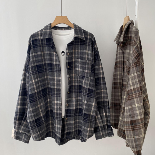 72296秋季新洋氣簡約大氣撞色格紋襯衫女寬鬆慵懶磨毛棉上衣外套