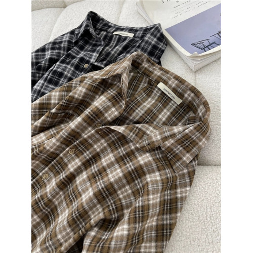 72296秋季新洋氣簡約大氣撞色格紋襯衫女寬鬆慵懶磨毛棉上衣外套