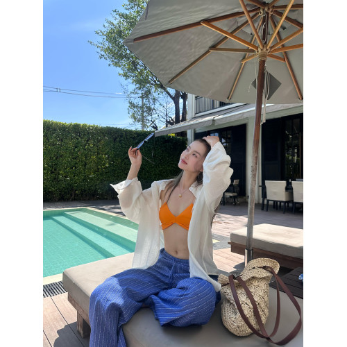 海邊度假風穿搭白色長袖微透防曬襯衫女夏季韓版寬鬆百搭休閒上衣