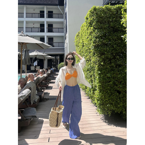 海邊度假風穿搭白色長袖微透防曬襯衫女夏季韓版寬鬆百搭休閒上衣