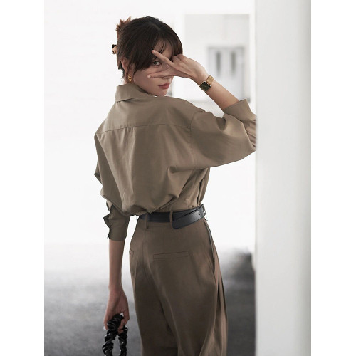 法式復古高級感咖色襯衫女2026春裝新款寬鬆休閒通勤曡穿長袖上衣