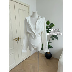 柒月末 天絲連體白色襯衫女春季法式修身收腰POLO領上衣假兩件