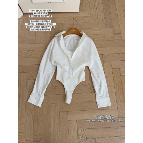 柒月末 天絲連體白色襯衫女春季法式修身收腰POLO領上衣假兩件