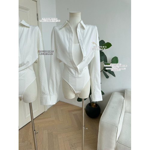 柒月末 天絲連體白色襯衫女春季法式修身收腰POLO領上衣假兩件