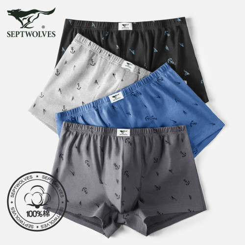 七匹狼男士內褲男平角褲純棉男生100全棉透氣底褲四角褲短褲頭男