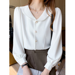 娃娃領白色雪紡襯衫女春季2026新款夏法式泡泡袖上衣長袖通勤職業