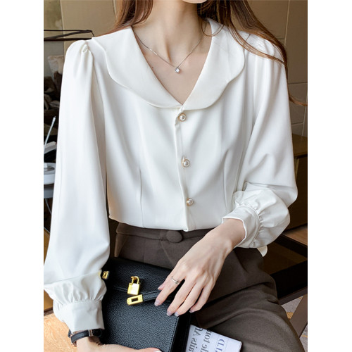娃娃領白色雪紡襯衫女春季2026新款夏法式泡泡袖上衣長袖通勤職業