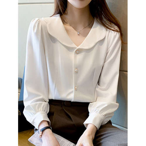 娃娃領白色雪紡襯衫女春季2026新款夏法式泡泡袖上衣長袖通勤職業