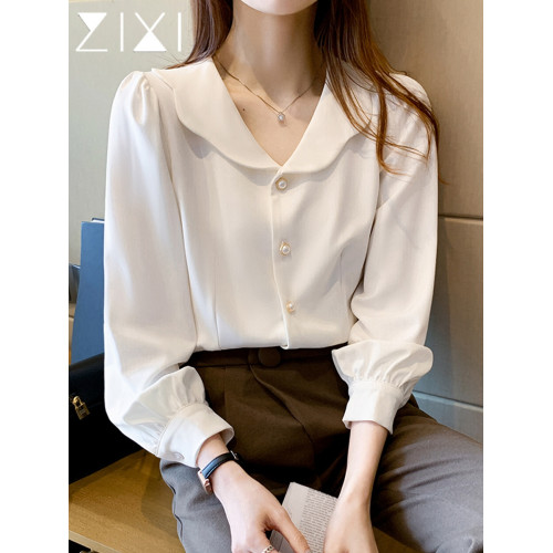 娃娃領白色雪紡襯衫女春季2026新款夏法式泡泡袖上衣長袖通勤職業