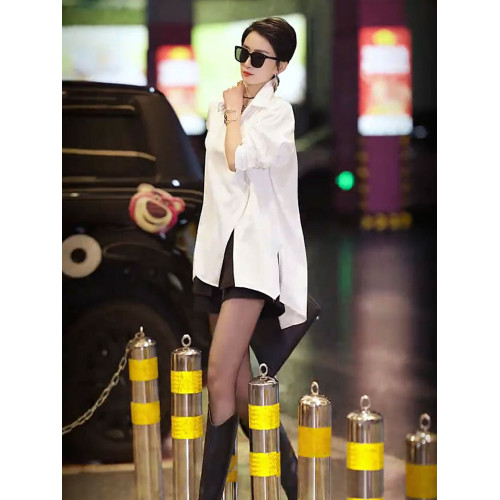 高級不規則開叉斜釦洋氣別致襯衫2025春季新款白色時尚氣質女上衣