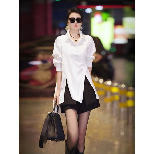 高級不規則開叉斜釦洋氣別致襯衫2025春季新款白色時尚氣質女上衣