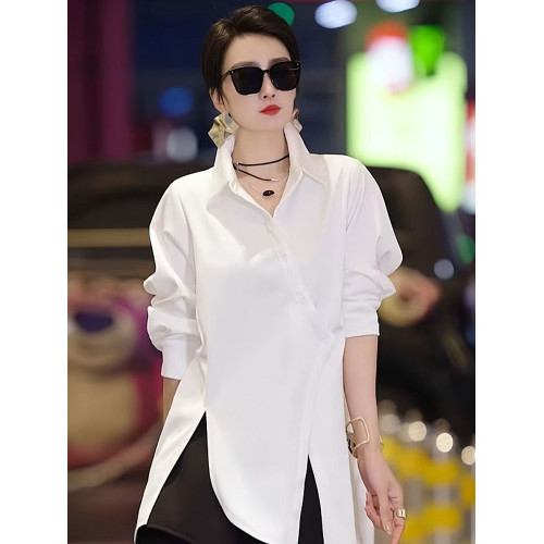 高級不規則開叉斜釦洋氣別致襯衫2025春季新款白色時尚氣質女上衣
