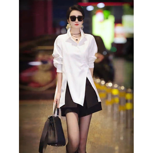 高級不規則開叉斜釦洋氣別致襯衫2025春季新款白色時尚氣質女上衣