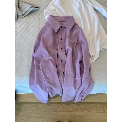 溫柔減齡休閒紫色燈芯絨襯衫女春秋保暖厚上衣曡穿內搭打底襯衣冬