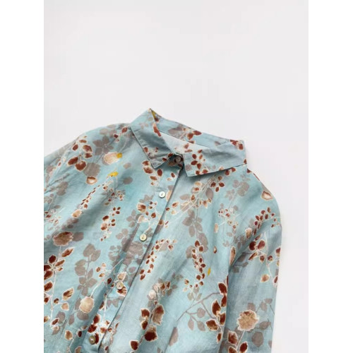 商場折釦店撤櫃文藝印花苧麻襯衫女薄款寬鬆百搭休閒長袖開衫上衣