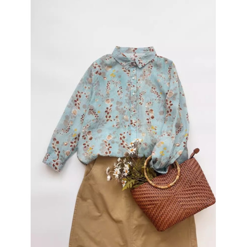 商場折釦店撤櫃文藝印花苧麻襯衫女薄款寬鬆百搭休閒長袖開衫上衣