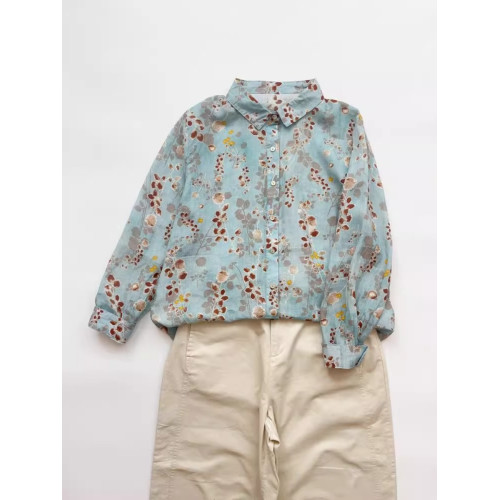 商場折釦店撤櫃文藝印花苧麻襯衫女薄款寬鬆百搭休閒長袖開衫上衣