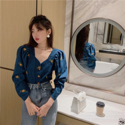 復古v領刺綉花朵長袖襯衫女設計感小衆2024秋季新款氣質短款上衣