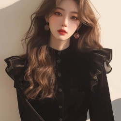 法式赫本風黑色絲絨上衣女2024早秋新款絕美公主風加絨加厚襯衫女