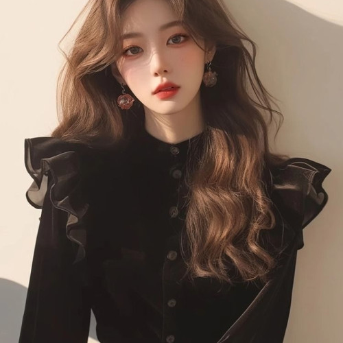 法式赫本風黑色絲絨上衣女2024早秋新款絕美公主風加絨加厚襯衫女