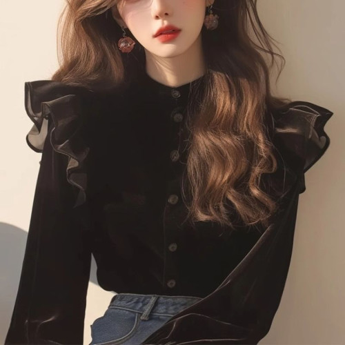 法式赫本風黑色絲絨上衣女2024早秋新款絕美公主風加絨加厚襯衫女
