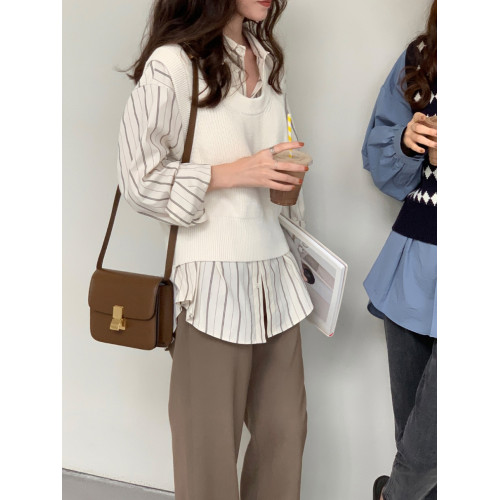 竪條紋長袖襯衣女秋冬2025新款大碼胖mm時尚寬鬆顯瘦港風襯衫上衣