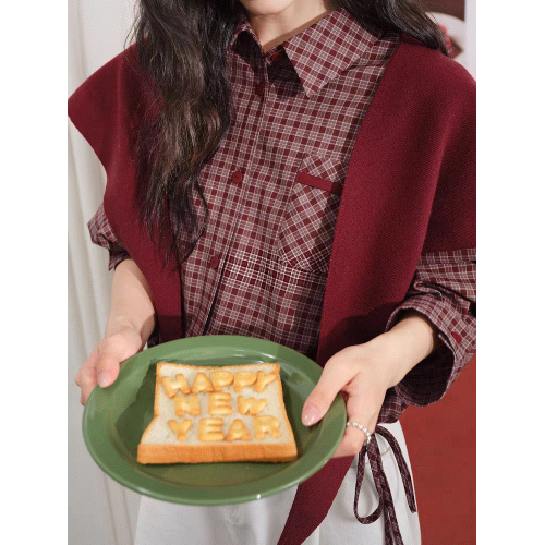 紅色格子外套長袖襯衫鬥篷披肩襯衣兩件套裝26春季新年穿搭上衣秋