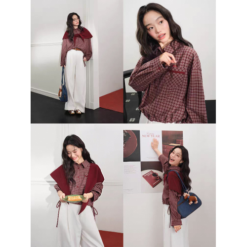 紅色格子外套長袖襯衫鬥篷披肩襯衣兩件套裝26春季新年穿搭上衣秋