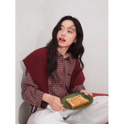 紅色格子外套長袖襯衫鬥篷披肩襯衣兩件套裝26春季新年穿搭上衣秋