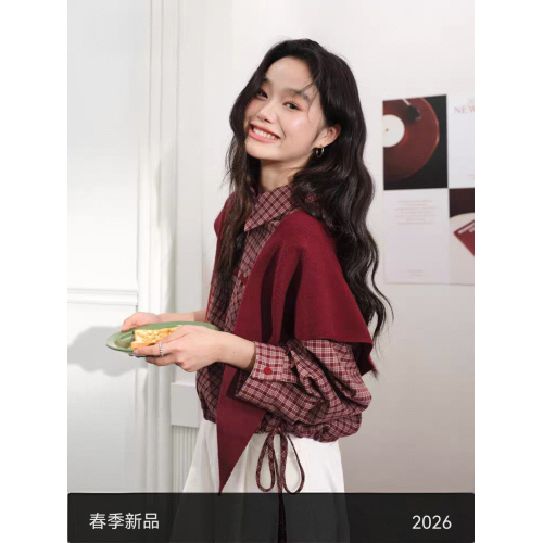 紅色格子外套長袖襯衫鬥篷披肩襯衣兩件套裝26春季新年穿搭上衣秋