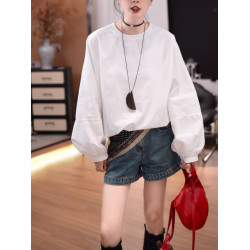 抽繩長袖襯衣女2026早春新款潮流時尚寬鬆百搭純色圓領襯衫潮