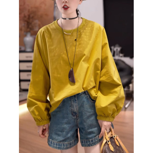 抽繩長袖襯衣女2026早春新款潮流時尚寬鬆百搭純色圓領襯衫潮