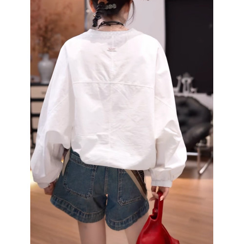 抽繩長袖襯衣女2026早春新款潮流時尚寬鬆百搭純色圓領襯衫潮