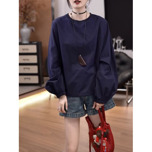 抽繩長袖襯衣女2026早春新款潮流時尚寬鬆百搭純色圓領襯衫潮