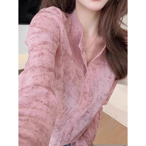 粉色暈染燙鑽半開領t恤襯衣女款2026新款爆款設計感獨特漂亮上衣