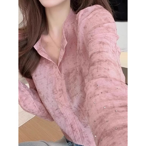 粉色暈染燙鑽半開領t恤襯衣女款2026新款爆款設計感獨特漂亮上衣