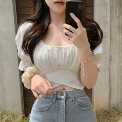 韓國chic夏季法式氣質方領露鎖骨收腰系帶蝴蝶結泡泡袖短款襯衫女