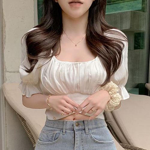 韓國chic夏季法式氣質方領露鎖骨收腰系帶蝴蝶結泡泡袖短款襯衫女