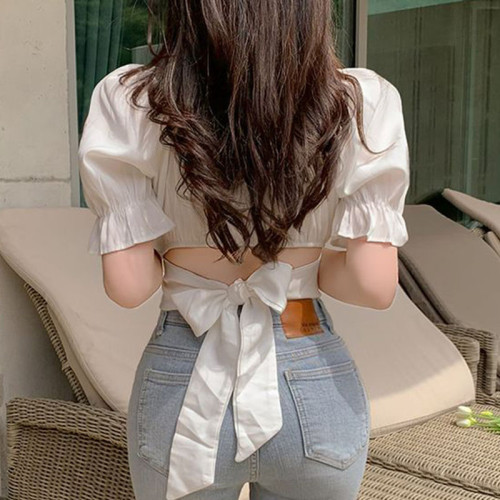 韓國chic夏季法式氣質方領露鎖骨收腰系帶蝴蝶結泡泡袖短款襯衫女