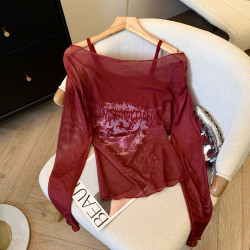 專櫃撤廻剪標辣妹網紗一字肩兩件套長袖防曬女夏季新款顯瘦上衣