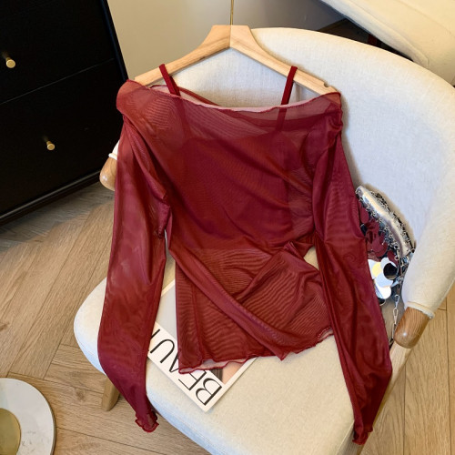 專櫃撤廻剪標辣妹網紗一字肩兩件套長袖防曬女夏季新款顯瘦上衣