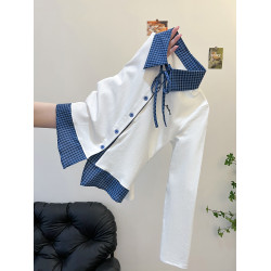 藏藍色polo領格子假兩件打底衫女內搭設計感辣妹絕美長袖上衣早秋