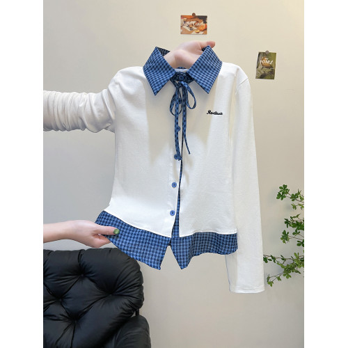 藏藍色polo領格子假兩件打底衫女內搭設計感辣妹絕美長袖上衣早秋