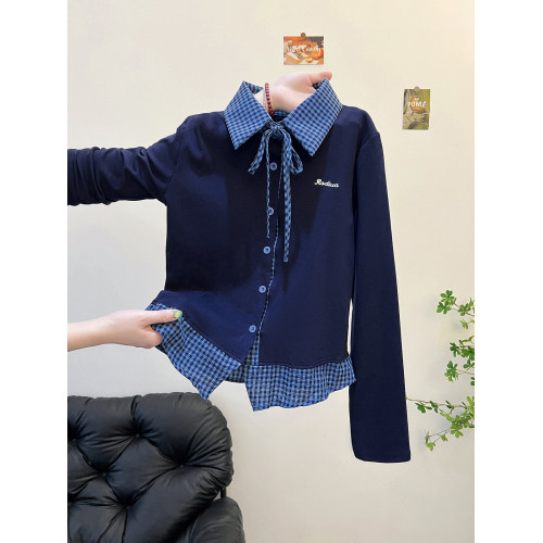 藏藍色polo領格子假兩件打底衫女內搭設計感辣妹絕美長袖上衣早秋