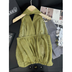 專櫃撤廻剪標綠色掛脖吊帶背心女夏季新款氣質辣妹露背無袖小上衣