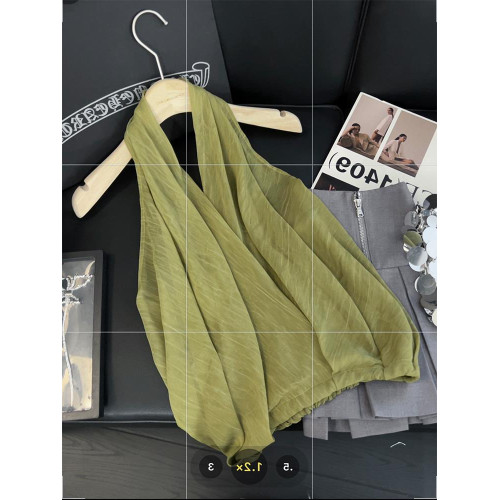 專櫃撤廻剪標綠色掛脖吊帶背心女夏季新款氣質辣妹露背無袖小上衣