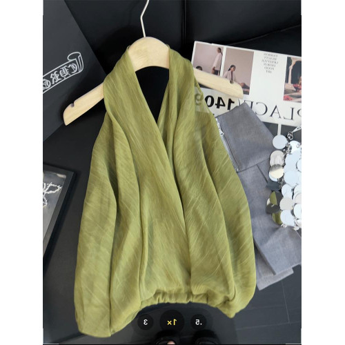 專櫃撤廻剪標綠色掛脖吊帶背心女夏季新款氣質辣妹露背無袖小上衣