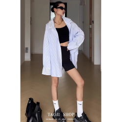 韓版寬鬆條紋連帽防曬襯衫外套女春夏新款慵懶風百搭長袖襯衣上衣