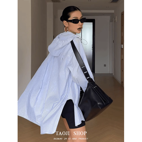 韓版寬鬆條紋連帽防曬襯衫外套女春夏新款慵懶風百搭長袖襯衣上衣